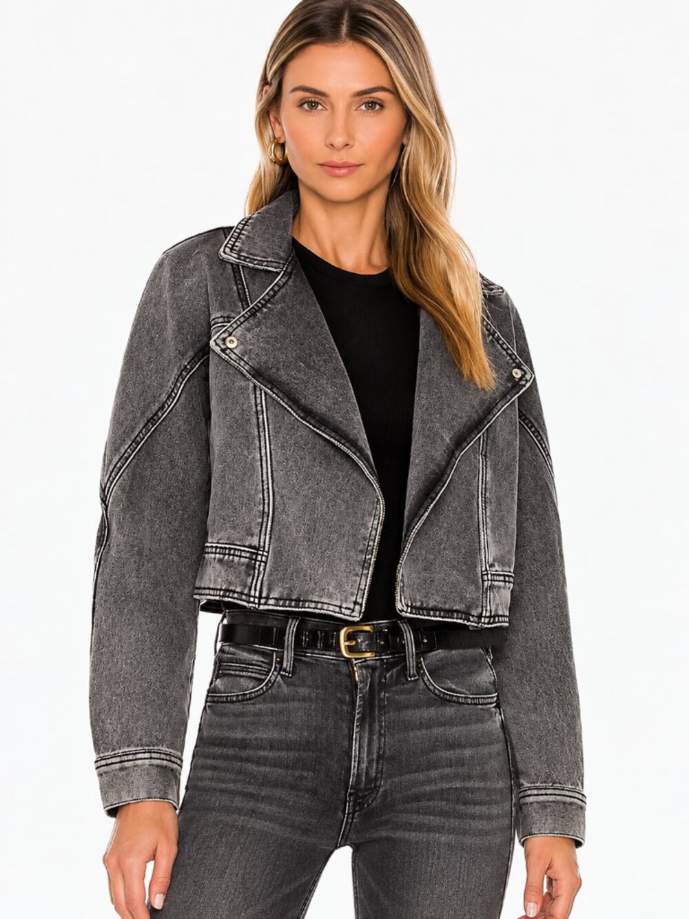 SUPERDOWN Faith Denim Moto Jacket Washed Black Size Small